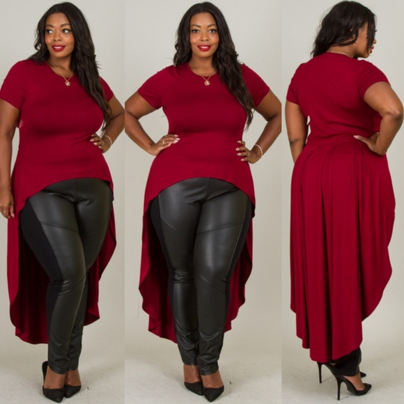 burgundy ROUND NECK SHORT SLEVE HIGH LOW SOLID TOP - Picture 5 of 7